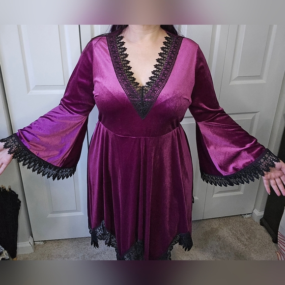 SHEIN Dresses & Skirts - Gothic Purple Velvet Lace Trim Pixie Hem Bell Sleeve Dress XL